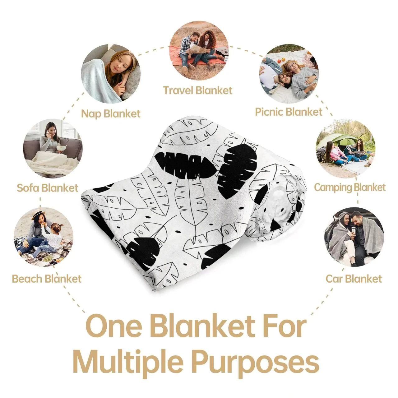 Black & White Tropical Leaf Throw Blanket - Modern Boho Home Decor