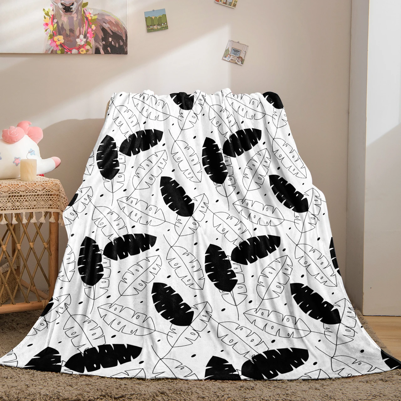 Black & White Tropical Leaf Throw Blanket - Modern Boho Home Decor