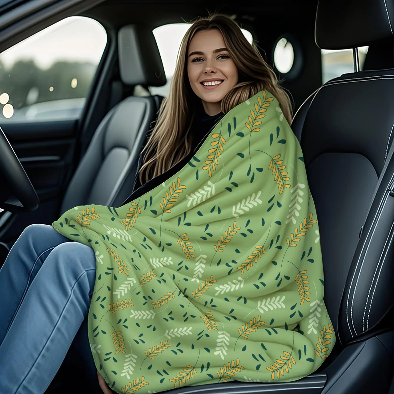 Green Leaf Pattern Cozy Throw Blanket for Home Decor