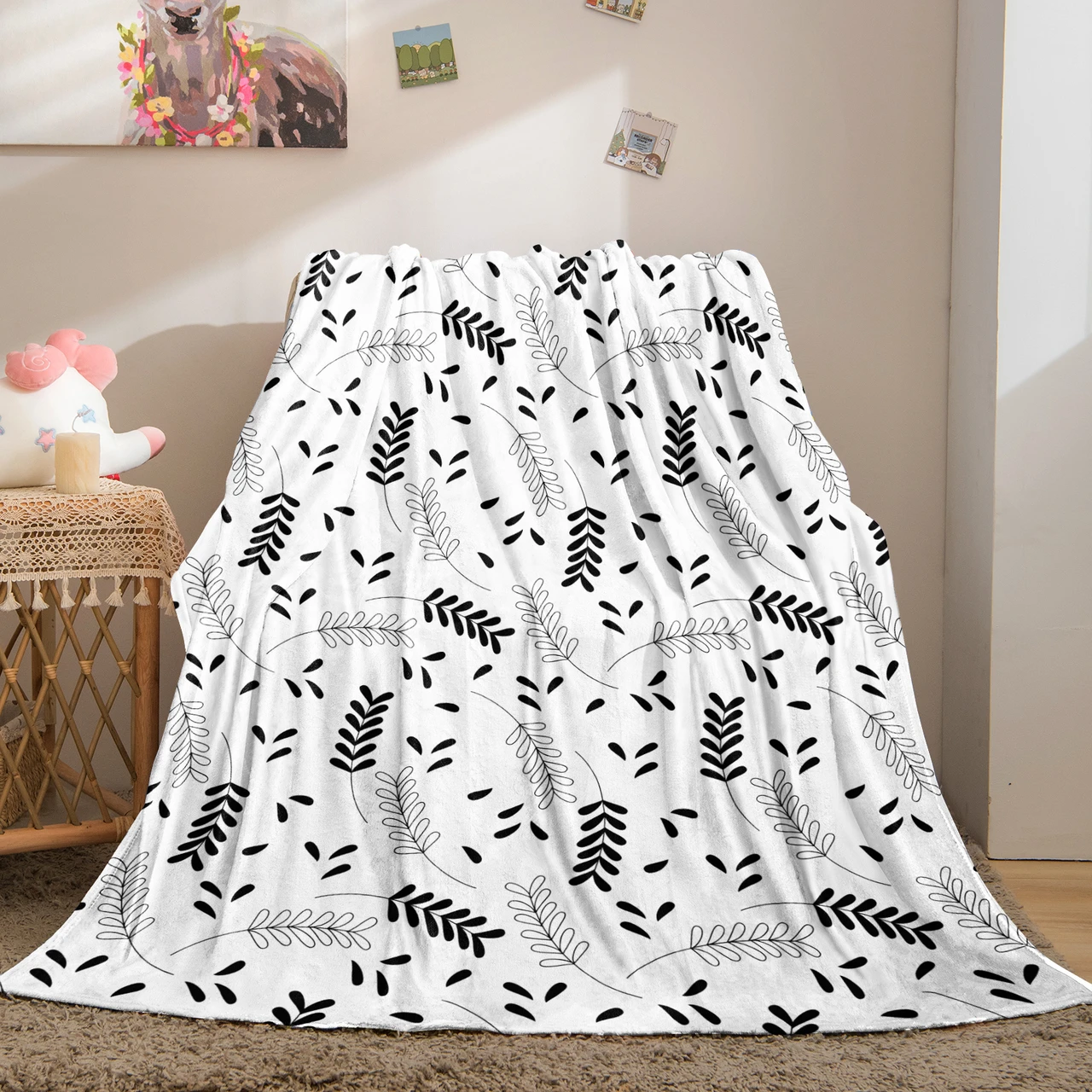 Black and White Leaf Pattern Throw Blanket for Minimalist Home Decor