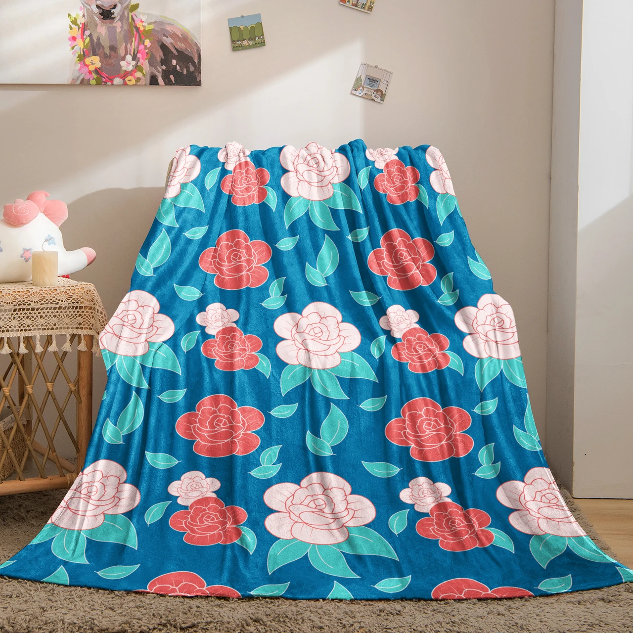 Vibrant Floral Pattern Throw Blanket with Blue Background
