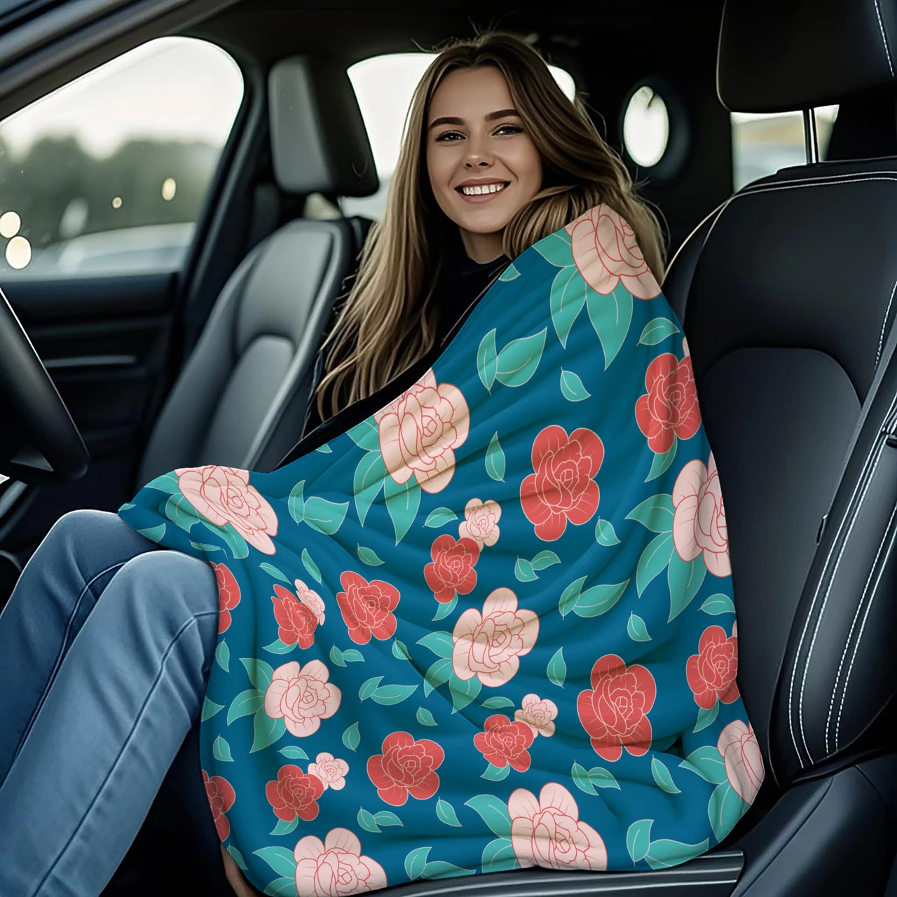 Vibrant Floral Pattern Throw Blanket with Blue Background