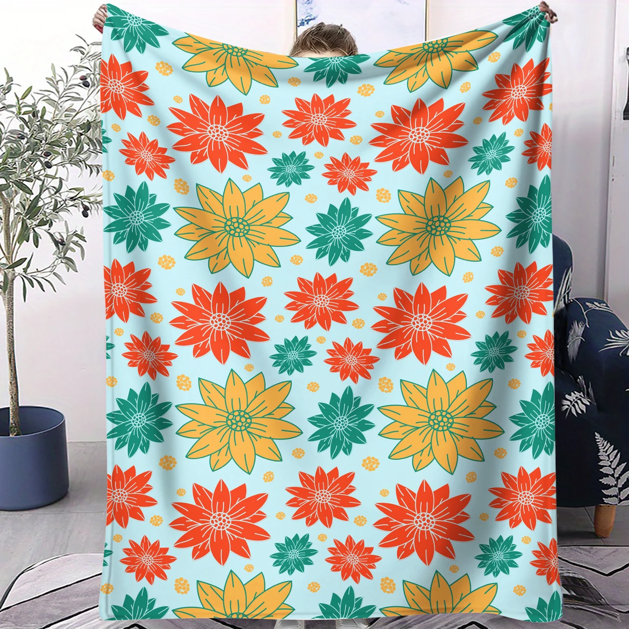 Vibrant Floral Pattern Throw Blanket with Light Blue Background