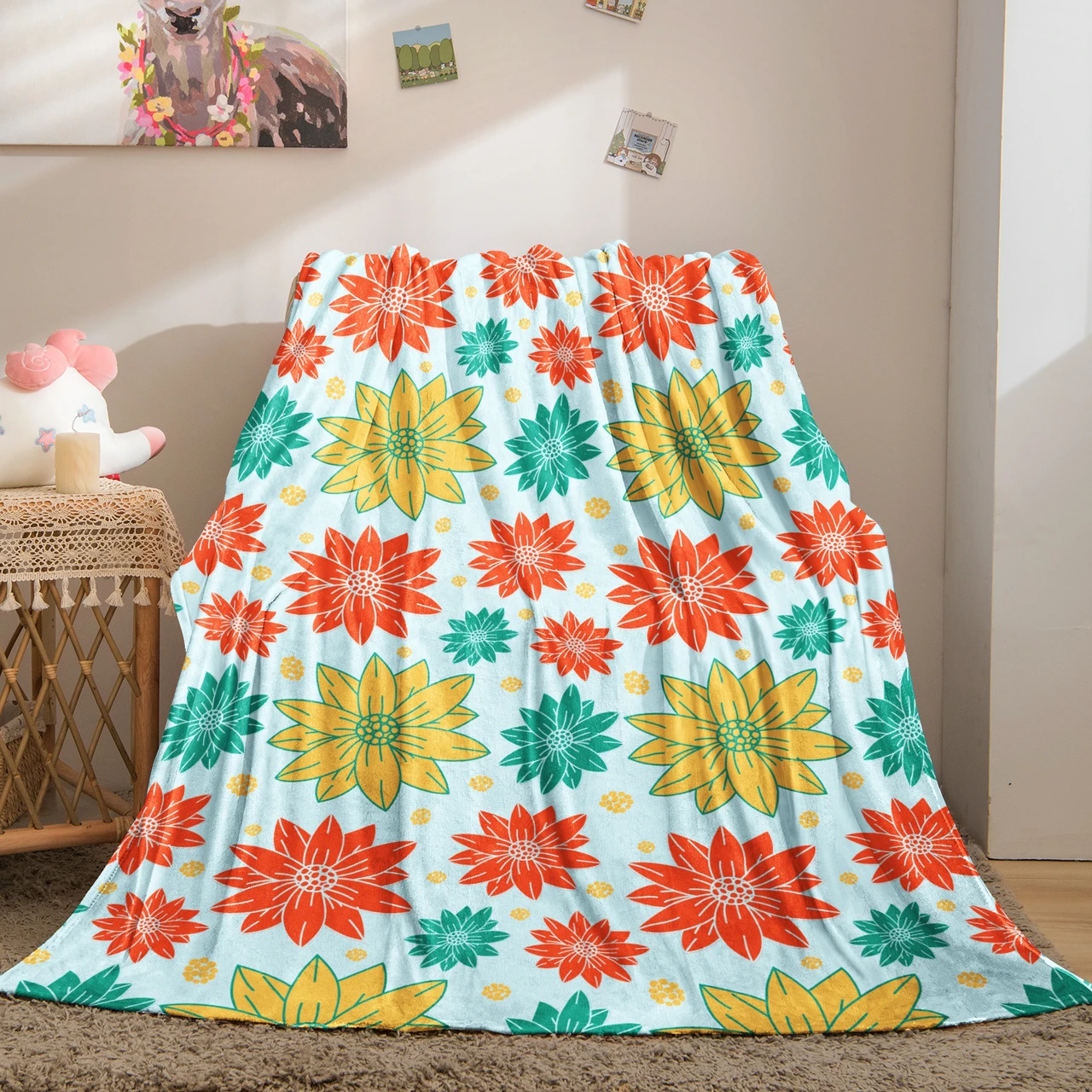Vibrant Floral Pattern Throw Blanket with Light Blue Background