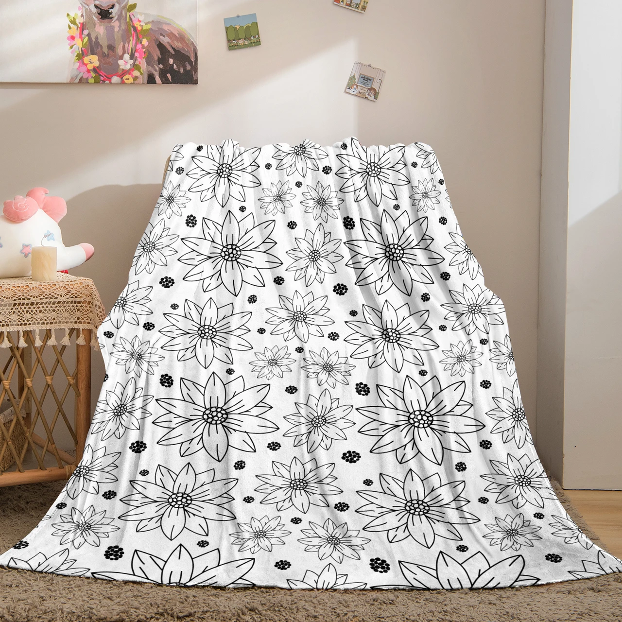 Minimalist Black and White Floral Line Art Throw Blanket