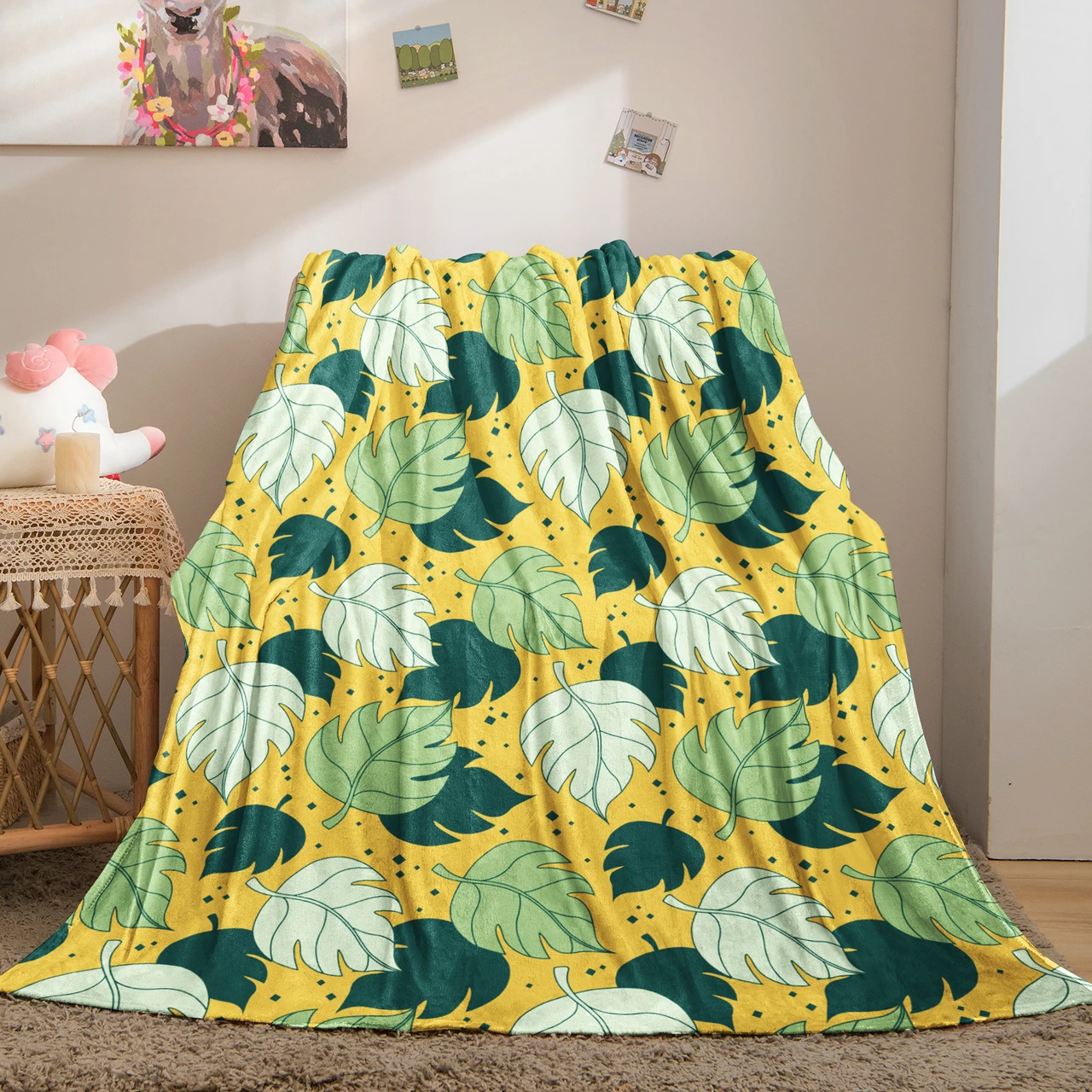 Tropical Leaf Pattern Throw Blanket with Yellow Background