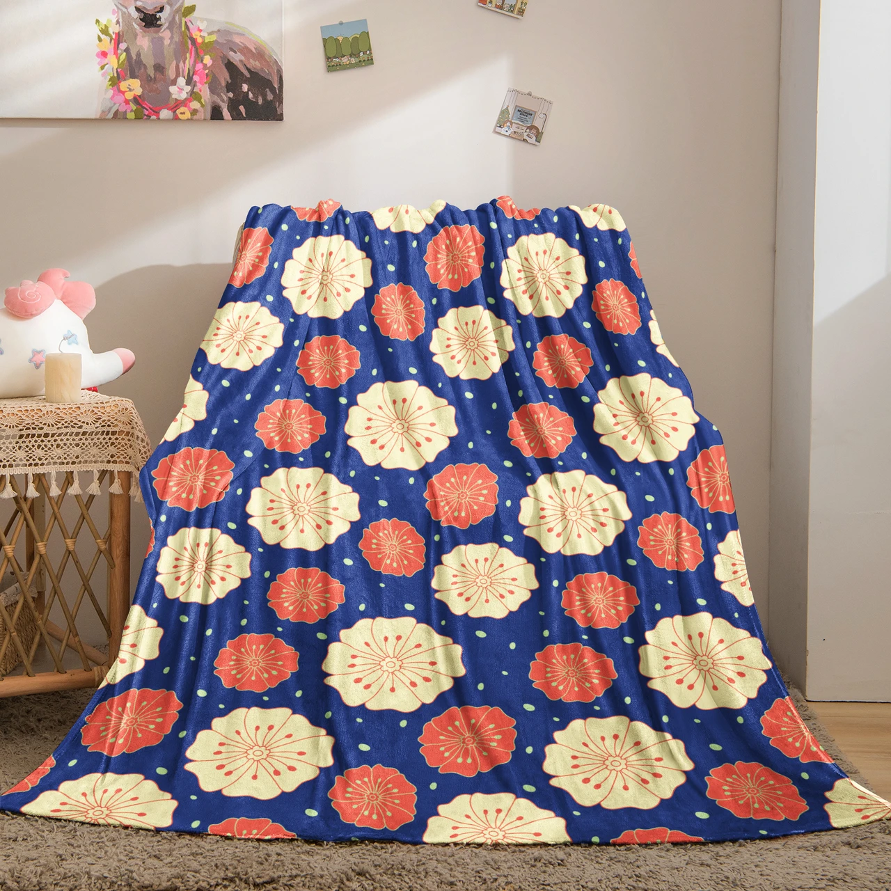 Vibrant Floral Pattern Throw Blanket with Blue Background