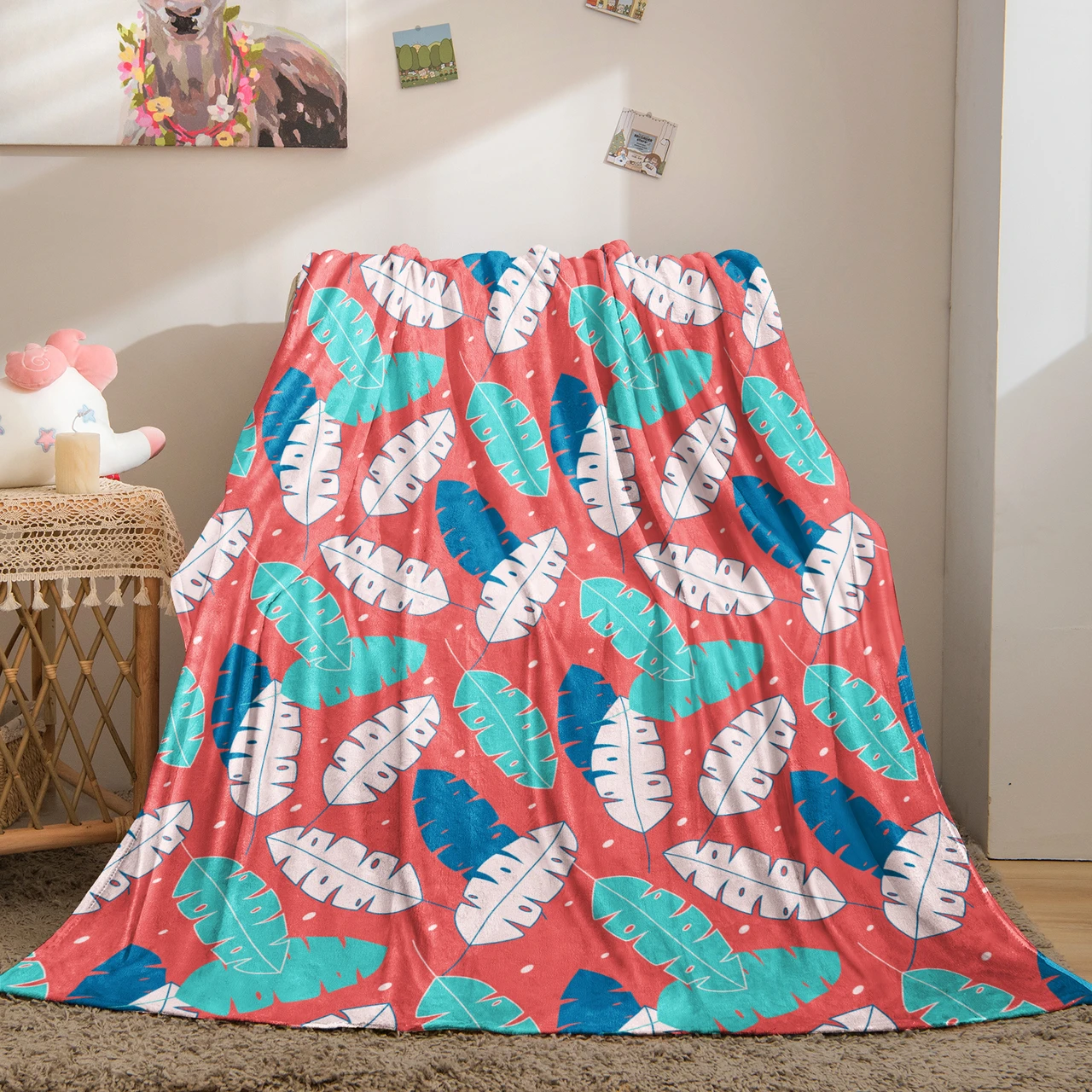 Tropical Leaf Pattern Throw Blanket with Coral Background