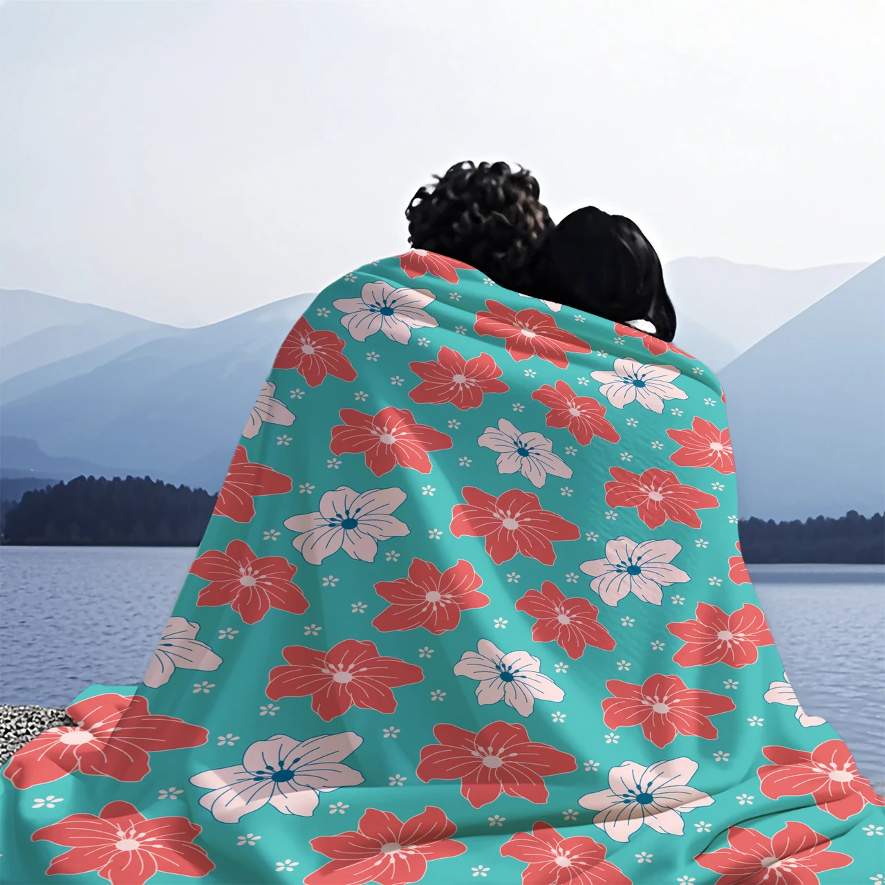 Vibrant Floral Pattern Throw Blanket with Teal Background