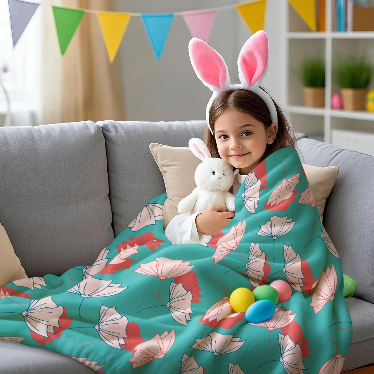 Vibrant Floral Leaf Pattern Throw Blanket with Turquoise Background