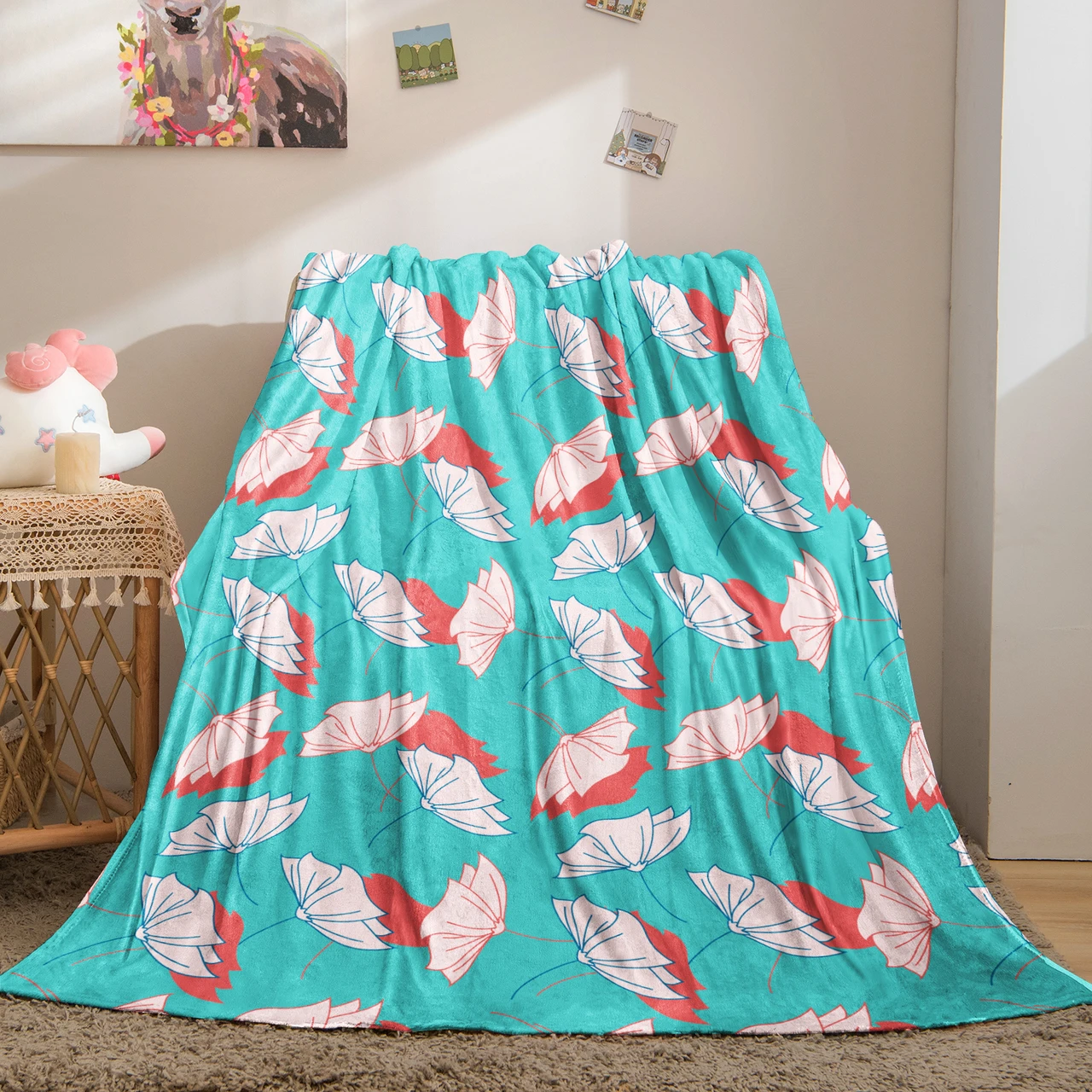 Vibrant Floral Leaf Pattern Throw Blanket with Turquoise Background