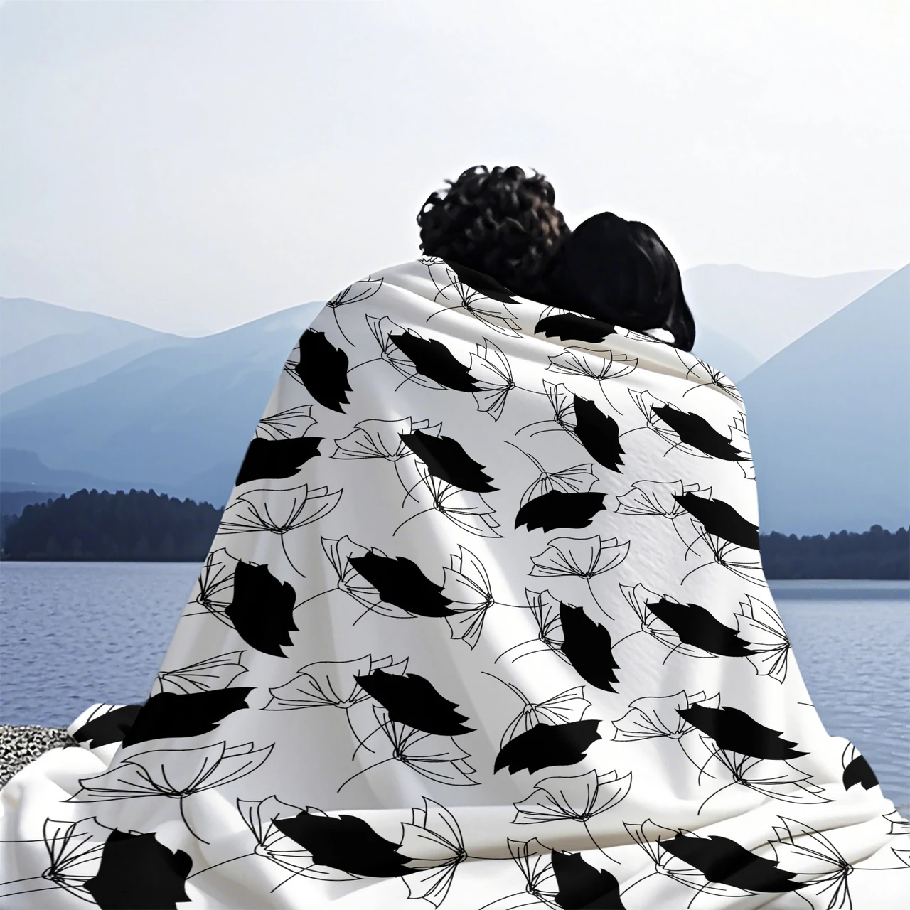 Minimalist Black and White Floral Leaf Line Art Throw Blanket