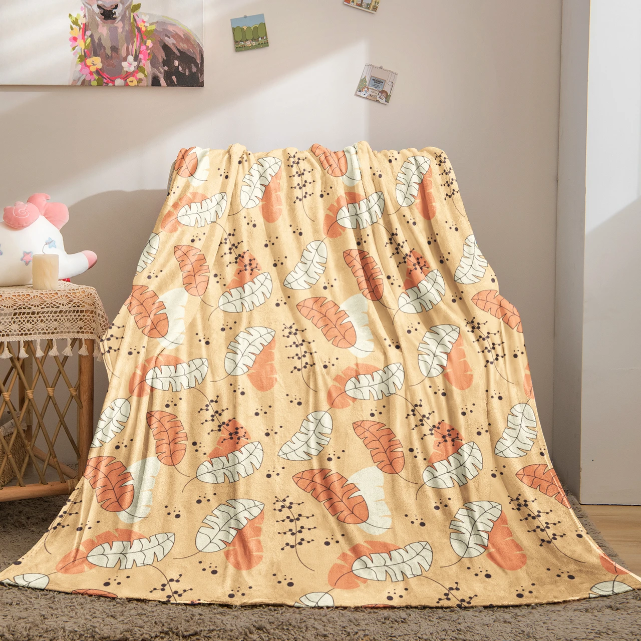 Autumn - Inspired Leaf Pattern Throw Blanket with Warm Beige Background