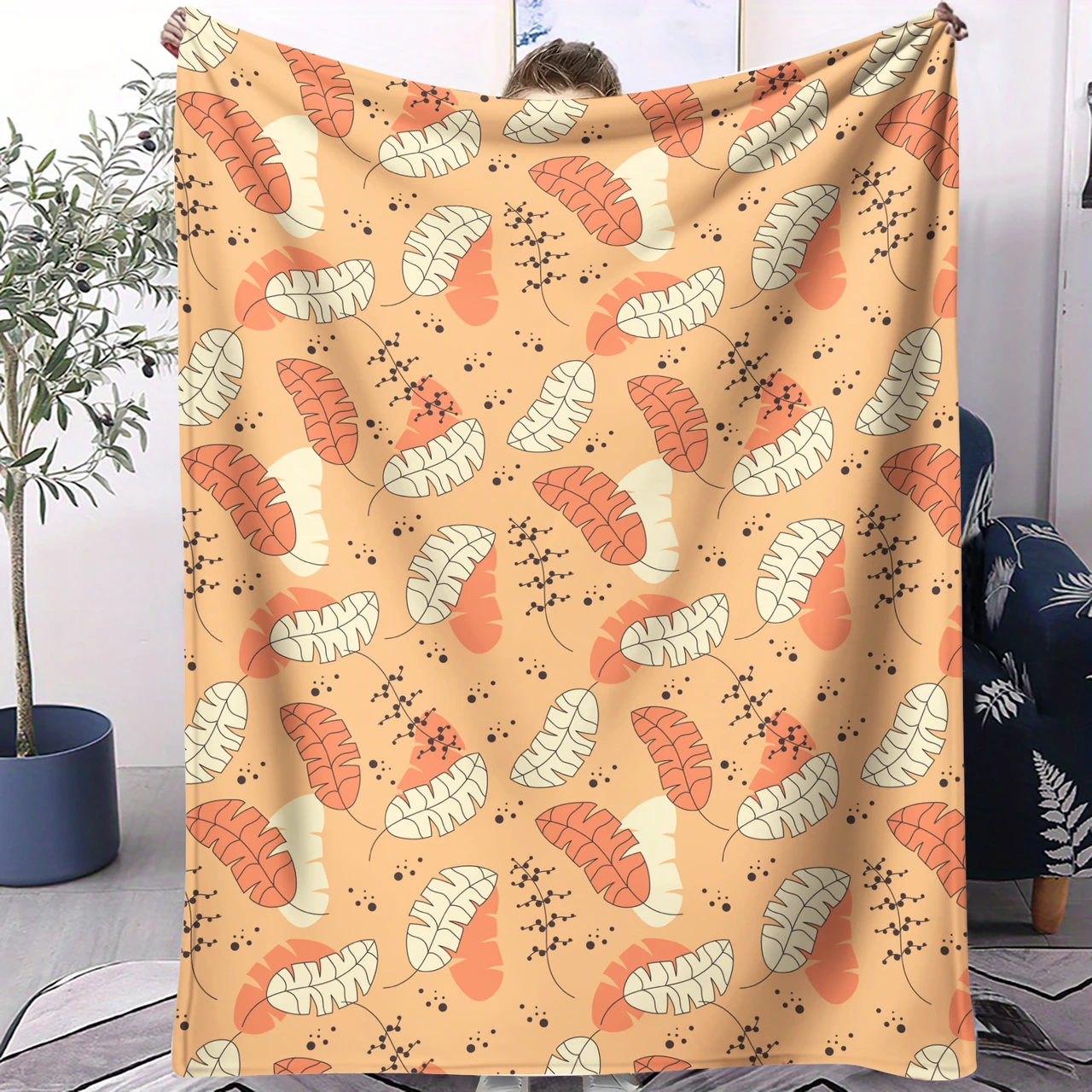 Autumn - Inspired Leaf Pattern Throw Blanket with Warm Beige Background