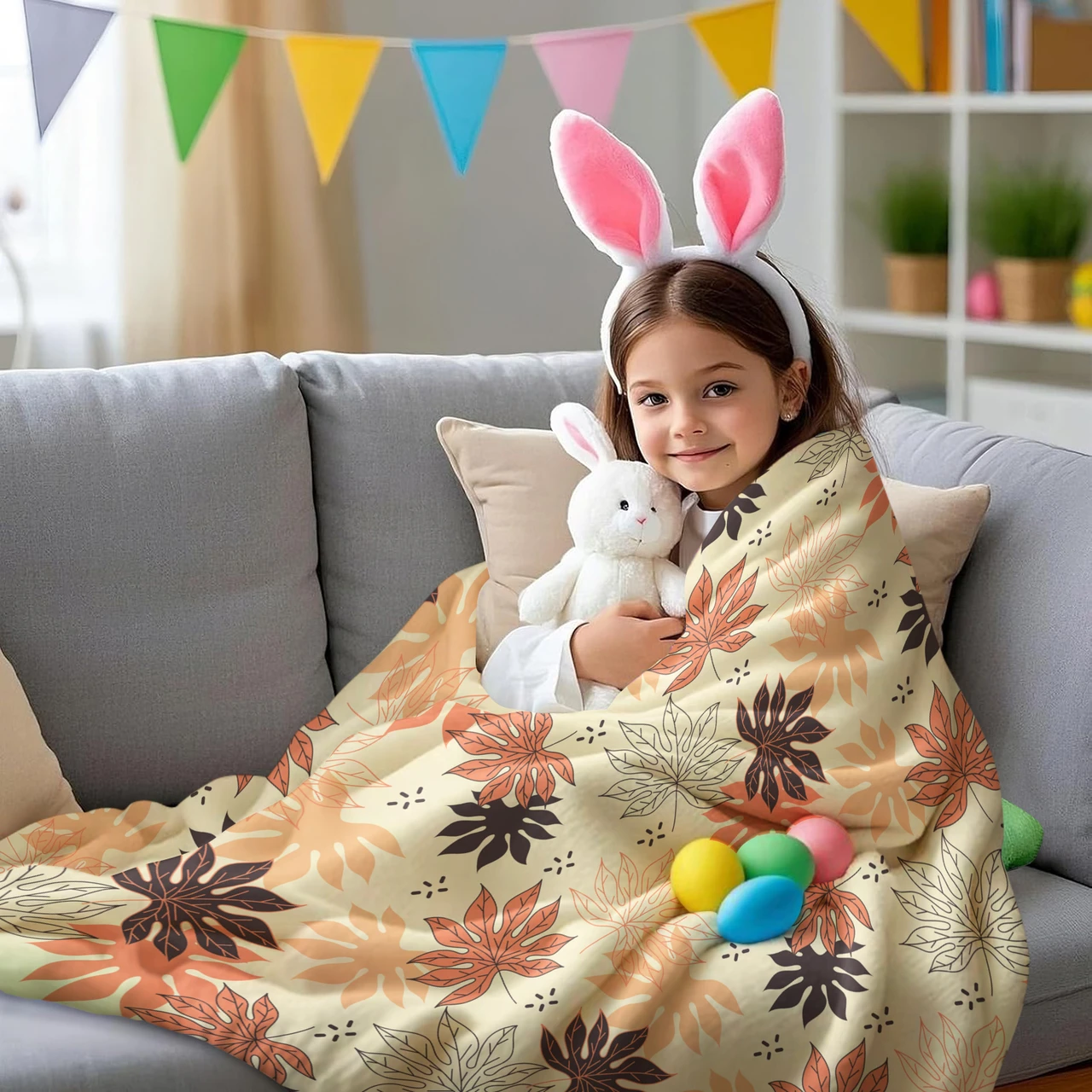 Autumn Maple Leaf Pattern Throw Blanket with Cream Background