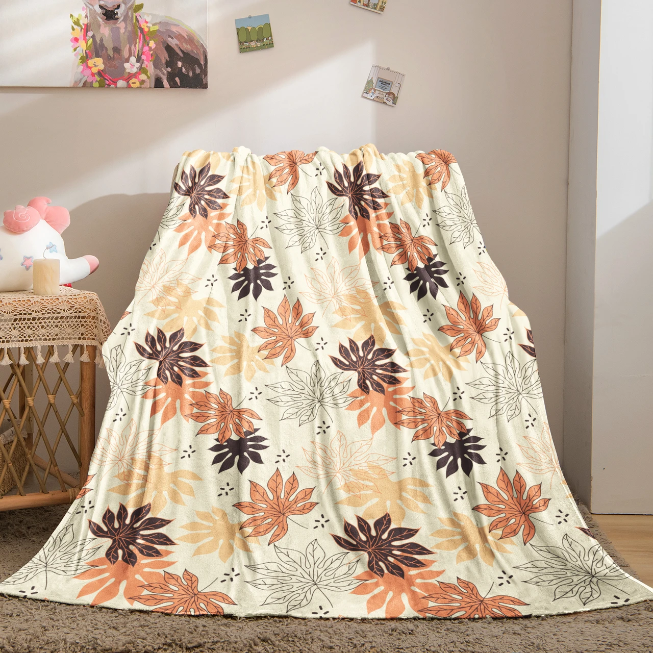 Autumn Maple Leaf Pattern Throw Blanket with Cream Background
