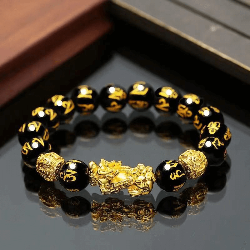 Men's Wealth Attraction Bracelet: Gold-Plated Pi Yao Charm + Tibetan Buddhist Mantra Beads - Imitation Obsidian & Color-Lock Gold