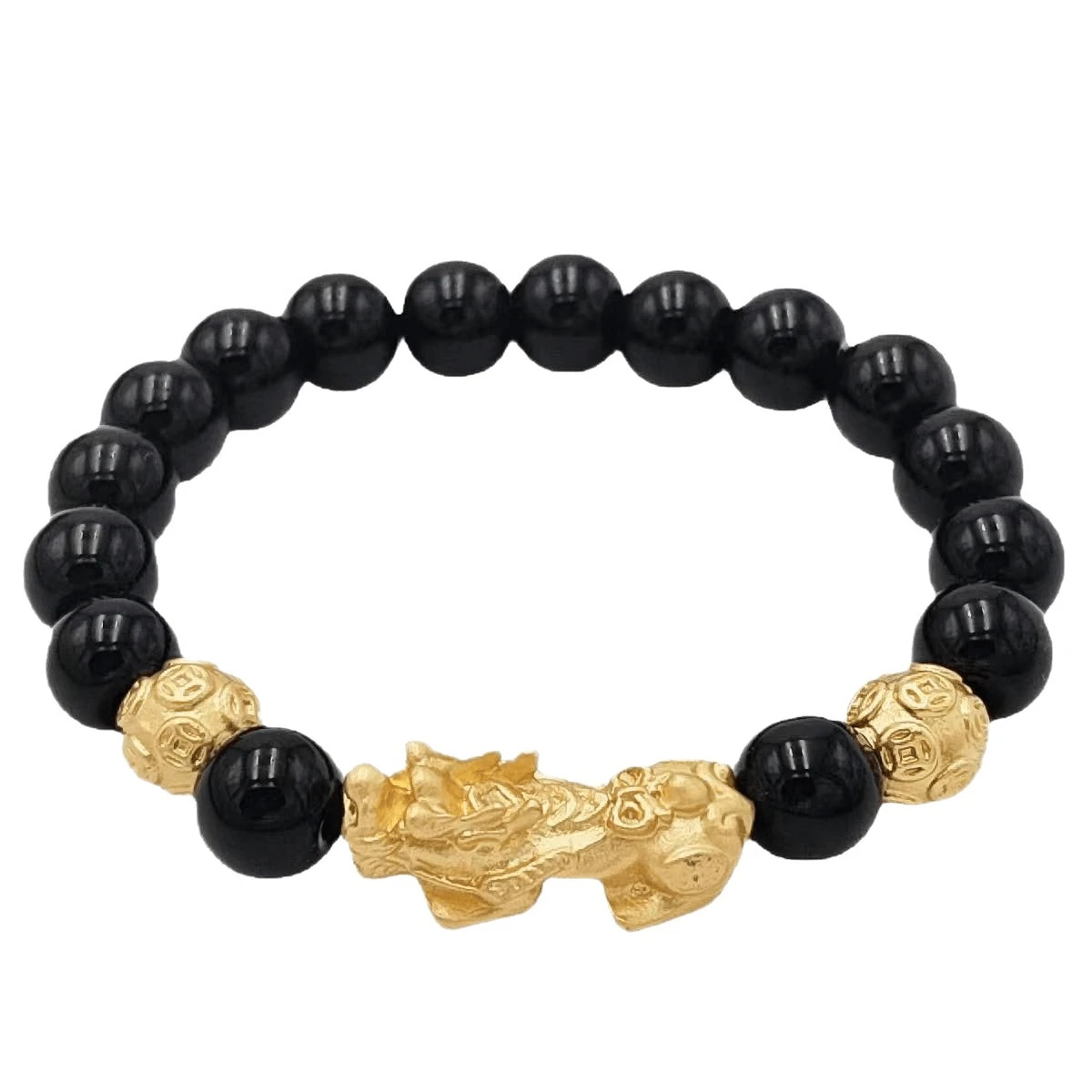 Men's Wealth Attraction Bracelet: Gold-Plated Pi Yao Charm + Tibetan Buddhist Mantra Beads - Imitation Obsidian & Color-Lock Gold