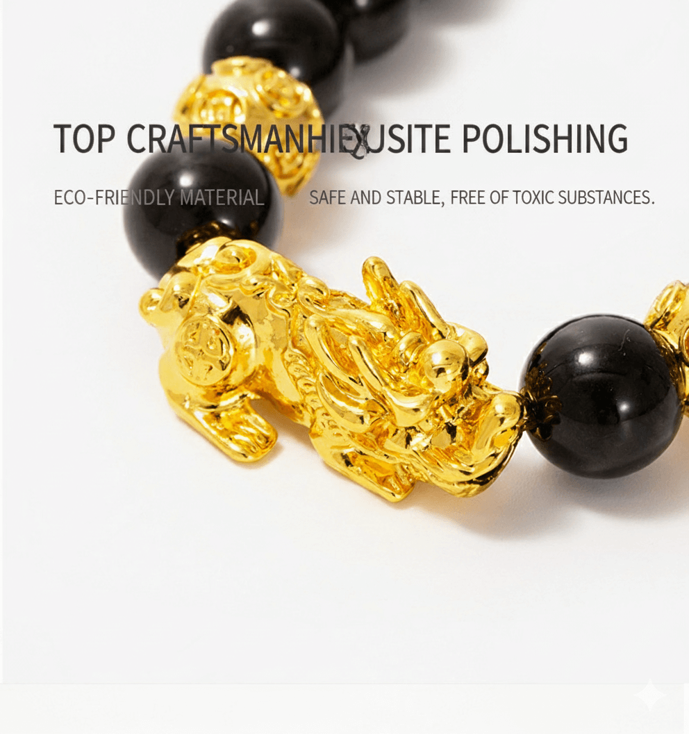 Men's Wealth Attraction Bracelet: Gold-Plated Pi Yao Charm + Tibetan Buddhist Mantra Beads - Imitation Obsidian & Color-Lock Gold