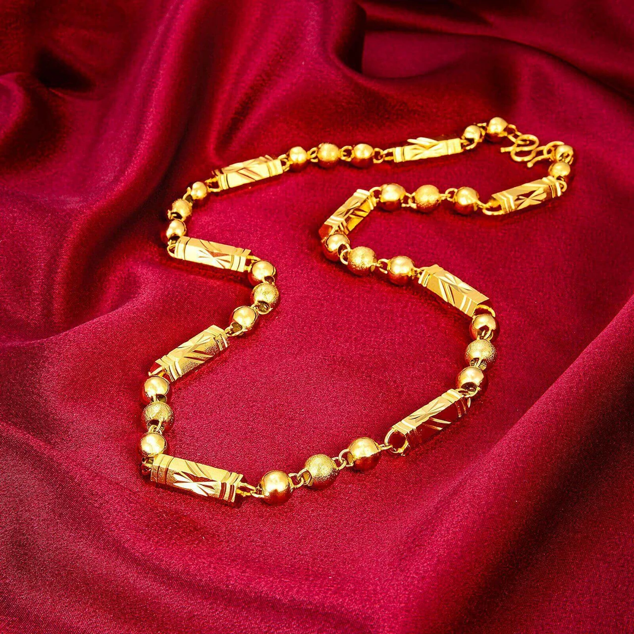 Gold-Plated Brass Hexagonal Bead Solid Necklace – Bold Imitation Gold Men's Chain