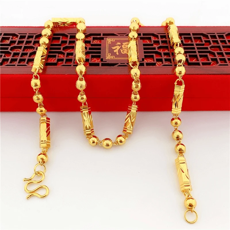 Gold-Plated Brass Hexagonal Bead Solid Necklace – Bold Imitation Gold Men's Chain