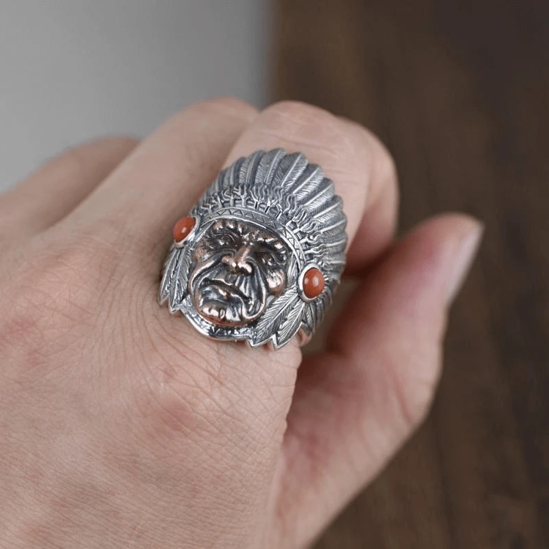 American Indian Chieftain Men's Ring, Retro Personality Punk Exaggerated Advanced Dominance Adjustable Ring