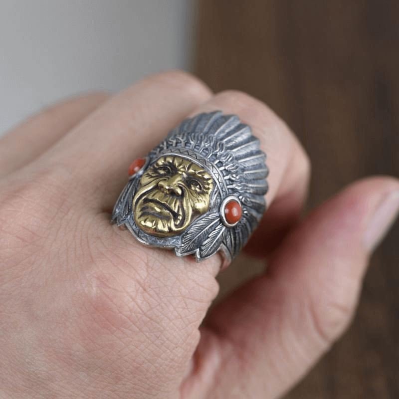American Indian Chieftain Men's Ring, Retro Personality Punk Exaggerated Advanced Dominance Adjustable Ring