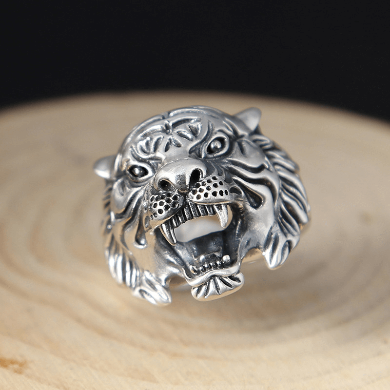 925 silver domineering men's tiger ring, Thai silver retro exaggerated tiger head ring