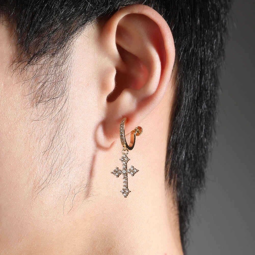 Cross men's earrings, hip-hop spiral buckle men's earrings