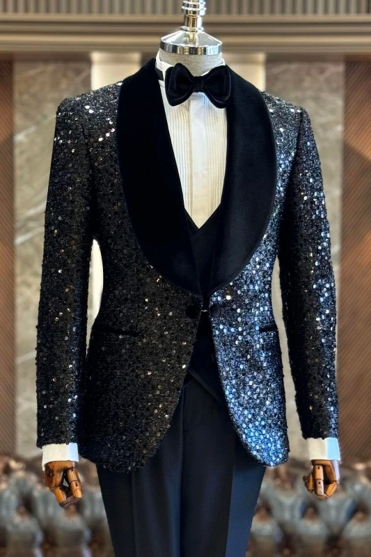 Chad Fashion Black Sequins Three Pieces Wedding Suits With Velvet Shawl Lapel