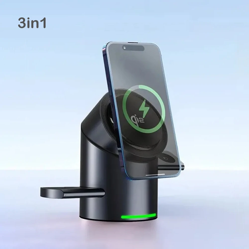 3in1 Cylindrical Magnetic Wireless Charging Station : All-in-One Charger 15W Qi2 Fast Charging for iPhone Samsung , Apple Watch & Smart Watch,AirPods & Earbuds, 