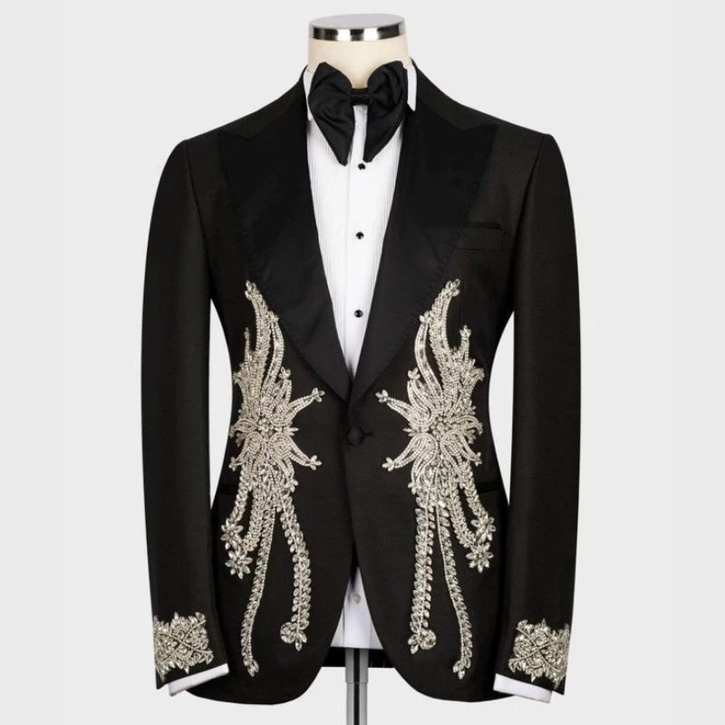 Owen Smart Black Peaked Lapel Appliques Wedding Men Suits