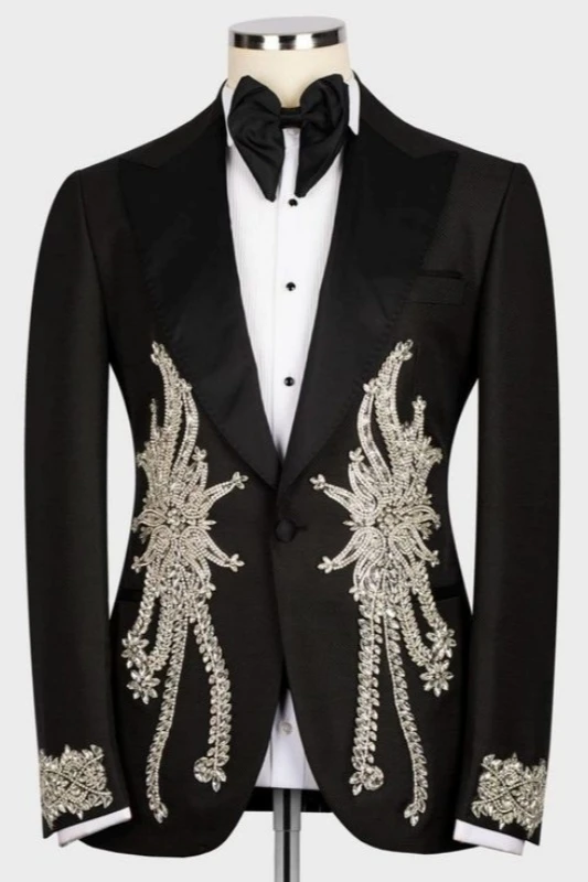 Owen Smart Black Peaked Lapel Appliques Wedding Men Suits