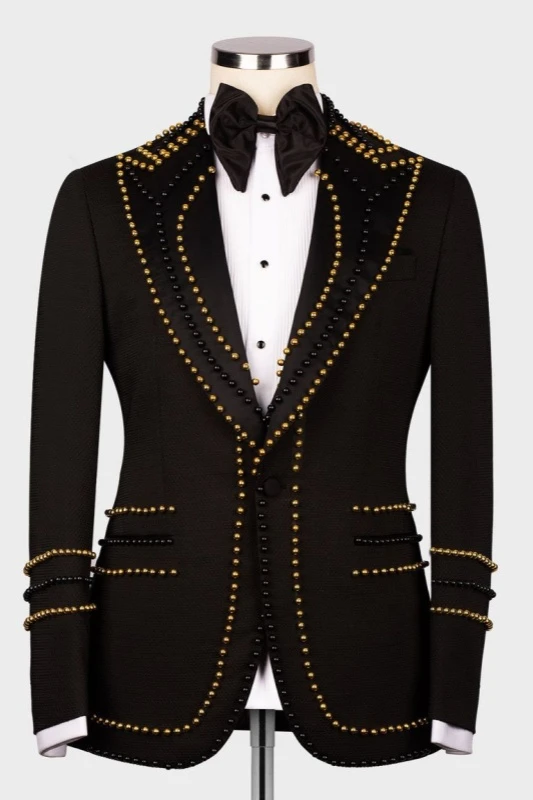Giles Stylish Black Peaked Lapel Beadings Men Suits For Prom