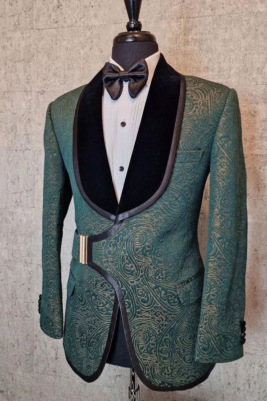 Elmer Smart Green Jacquard Best Fitted Prom Men Suits With Velvet Shawl Lapel