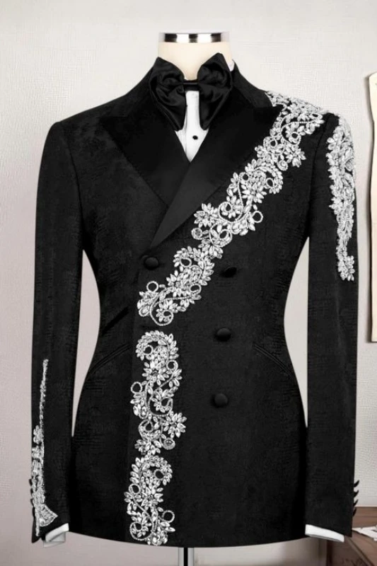 Lionel Fashion Black Jacquard Double Breasted Appliques Wedding Men Suits