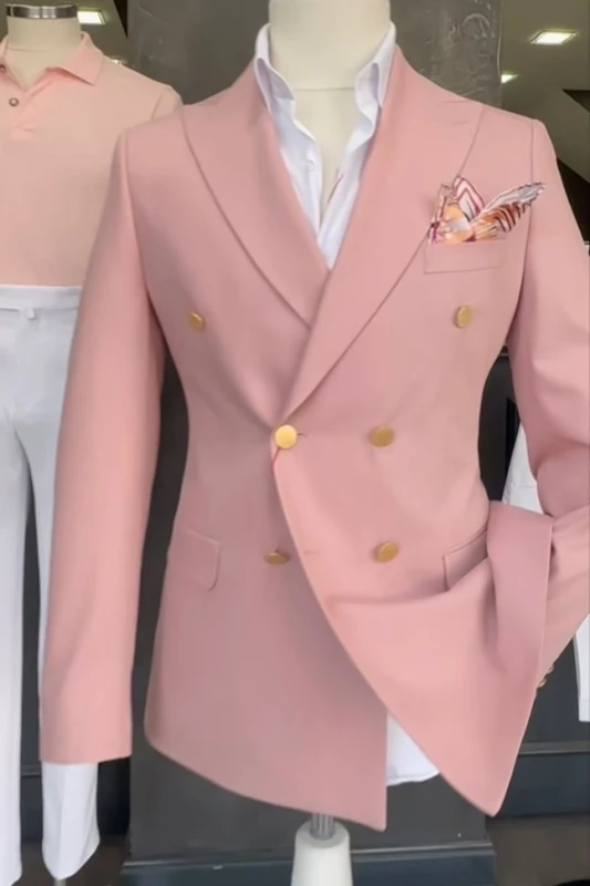 Martin Pink Peaked Lapel Double Breasted Prom Men Suits With White Pants