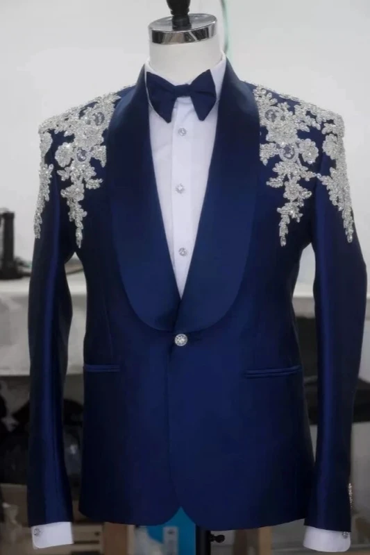 Basil Trendy Dark Blue Shawl Lapel Appliques Wedding Men Suits