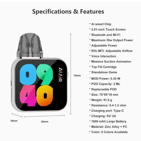 AlAlR Cyber Pro AI Smart Vape MOD 30W Replaceable POD e cigarette kit With Voice chat and games