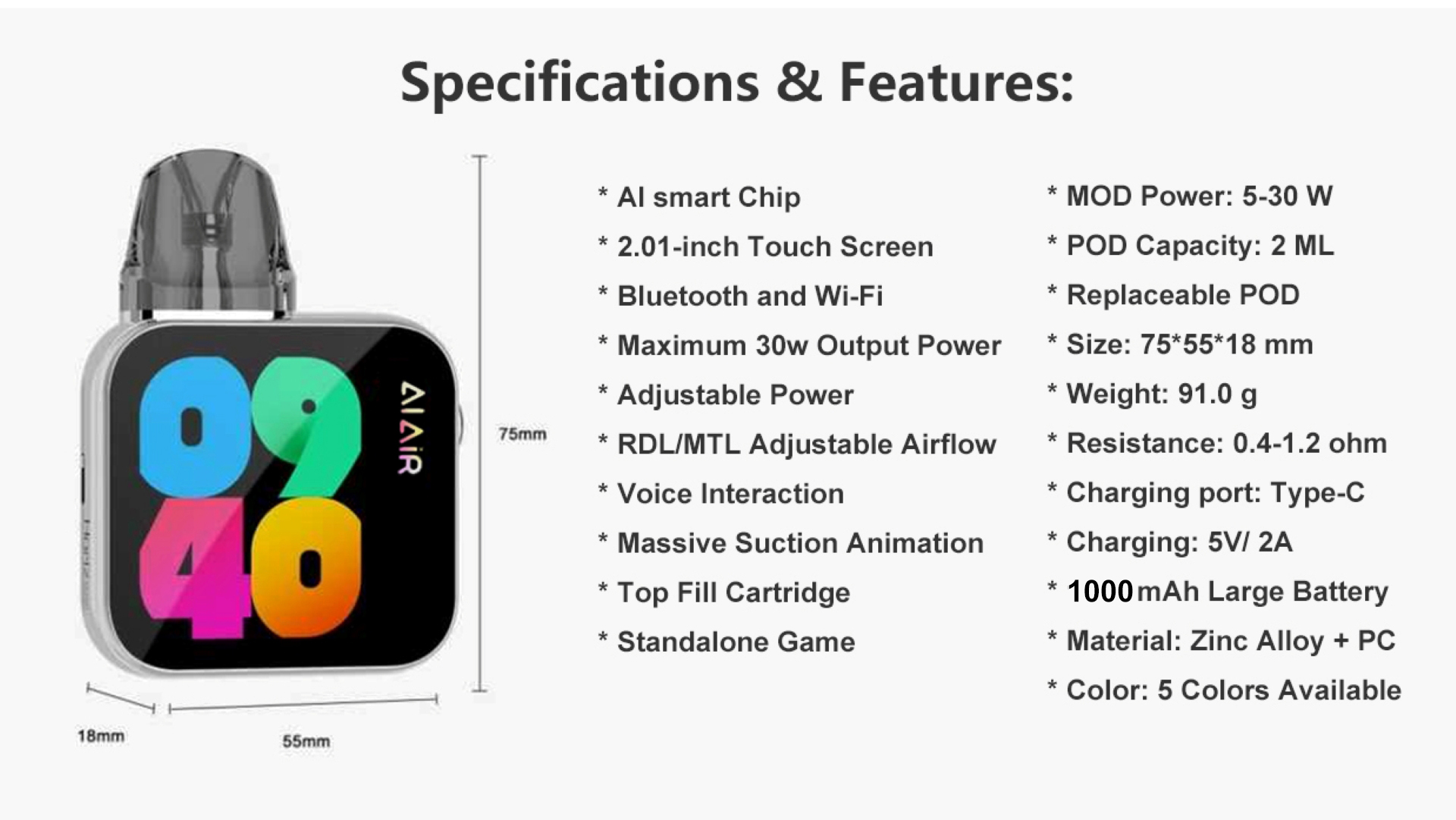 AI Vape MOD 30W Replaceable POD e cigarette kit Voice chat and game With Touch Screen Smart display