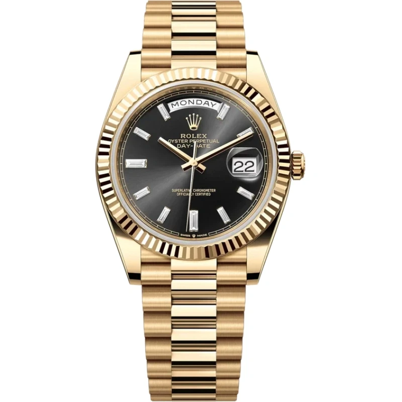 Rolex Yellow Gold President Day Date 40mm Black Diamond Baguette Dial - 228238 - New 2025