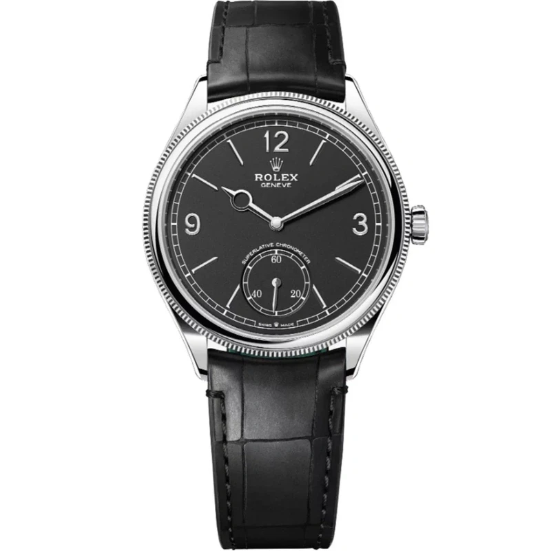 Rolex 1908 White Gold Black Dial Black Alligator Strap