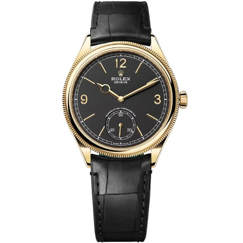 Rolex 1908 Yellow Gold Black Dial Black