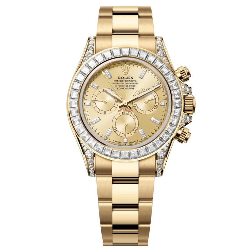Rolex Cosmograph Daytona 40mm Yellow Gold Diamond Baguette Champagne Dial Diamond Bezel - 126598RBR - New 2025