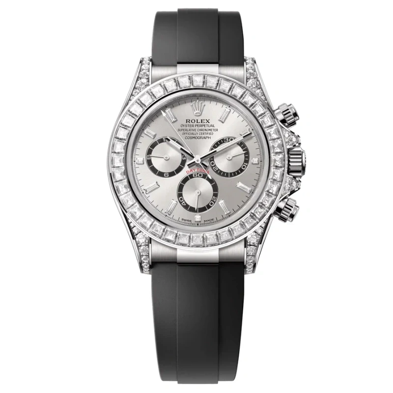 Rolex Cosmograph Daytona 40mm White Gold Diamond Baguette Silver Dial Diamond Bezel Oysterflex - 126539RBR -