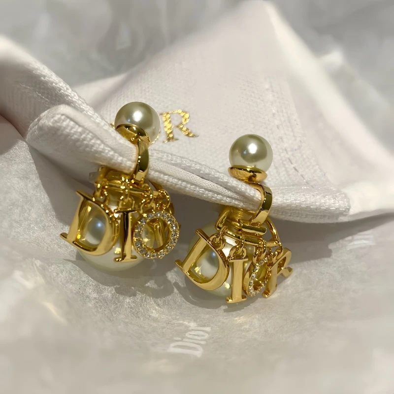 Dior CD letter tassel pearl ear clips