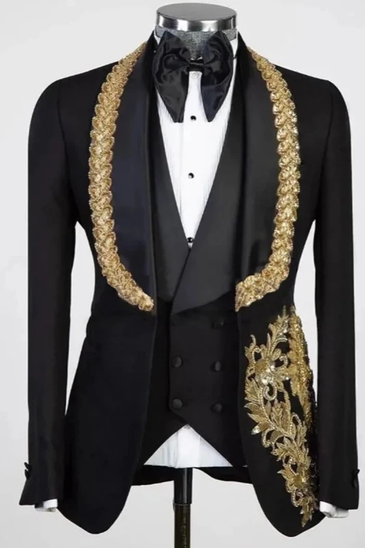 Dominic Shiny Black Shawl Lapel Three Pieces Gold Appliques Wedding Men Suits