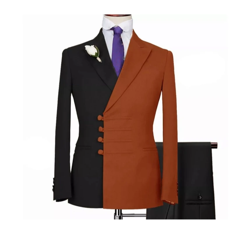 Heather Fancy Black And Orange Peaked Lapel Slim Fit Men Suits For Prom