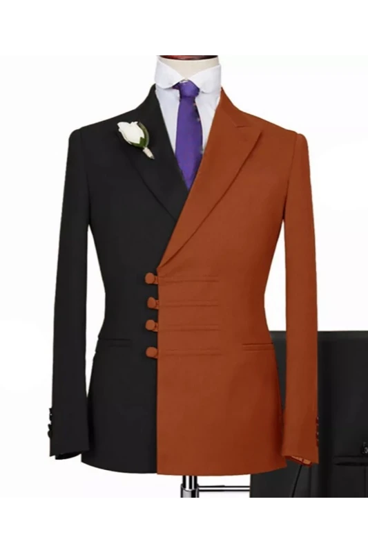 Heather Fancy Black And Orange Peaked Lapel Slim Fit Men Suits For Prom