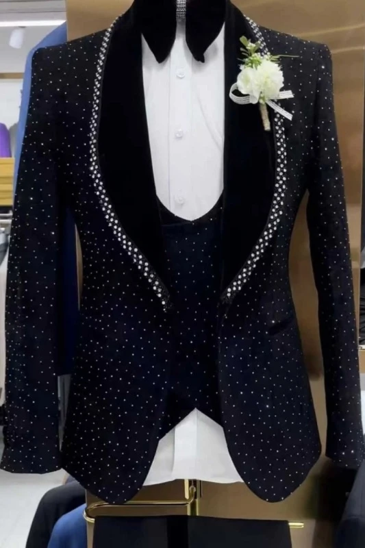 Elroy Dark Blue Dot Three Pieces Wedding Men Suits With Black Velvet Shawl Lapel